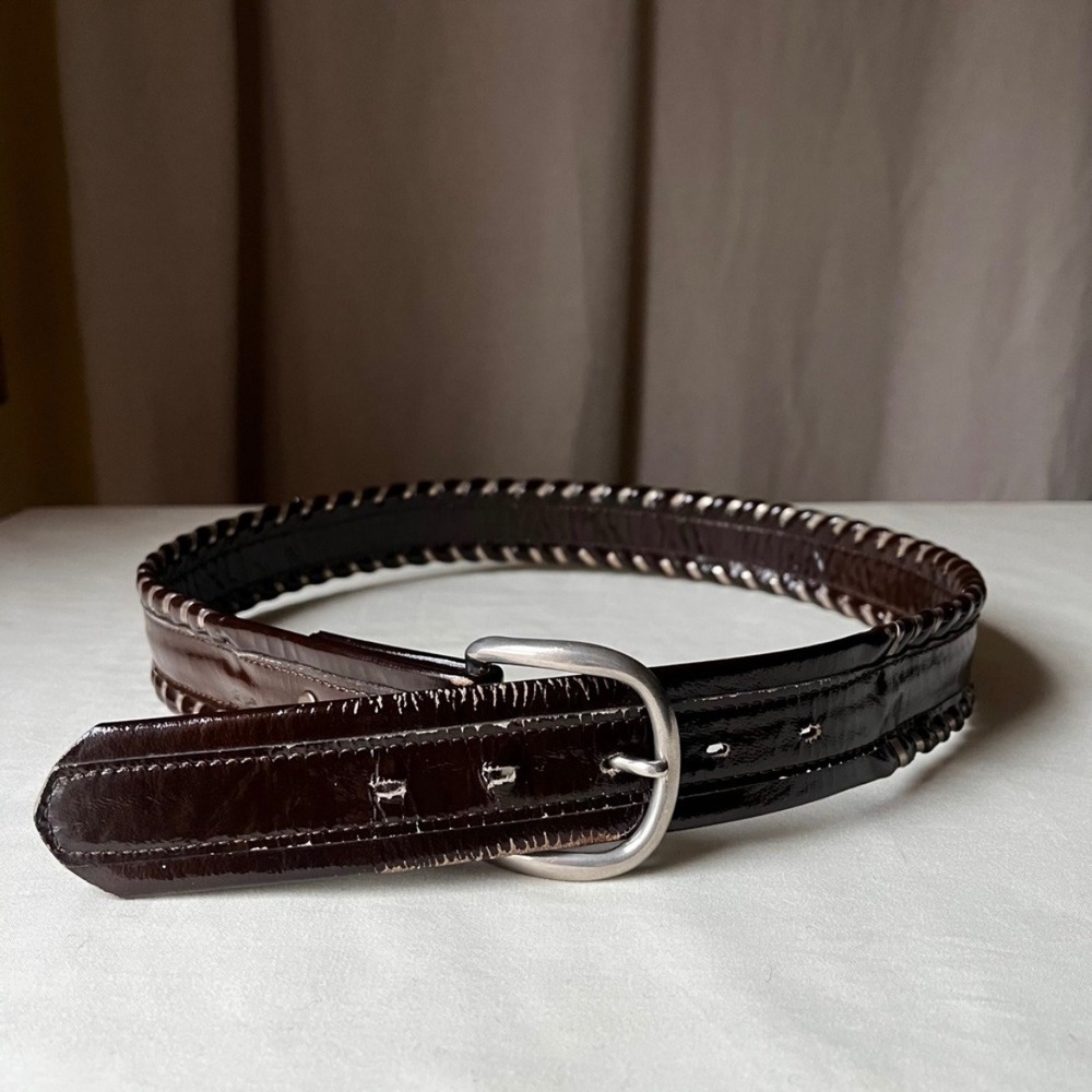 Vintage Brown Patent Leather Belt Sterling Silver Whipstitch Size 30-34